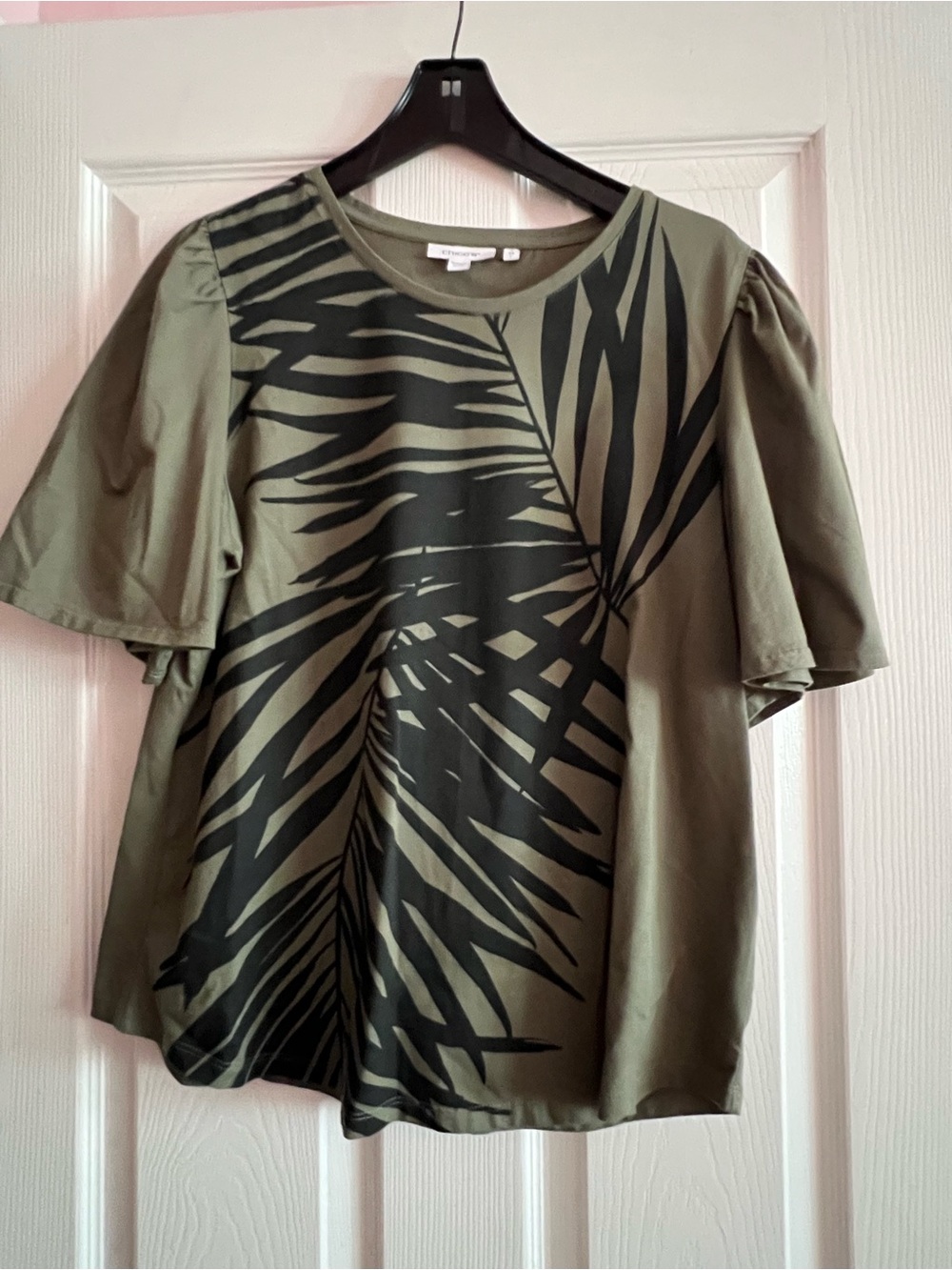 Chico's Olive Green Palm-Print Puff Sleeve Top